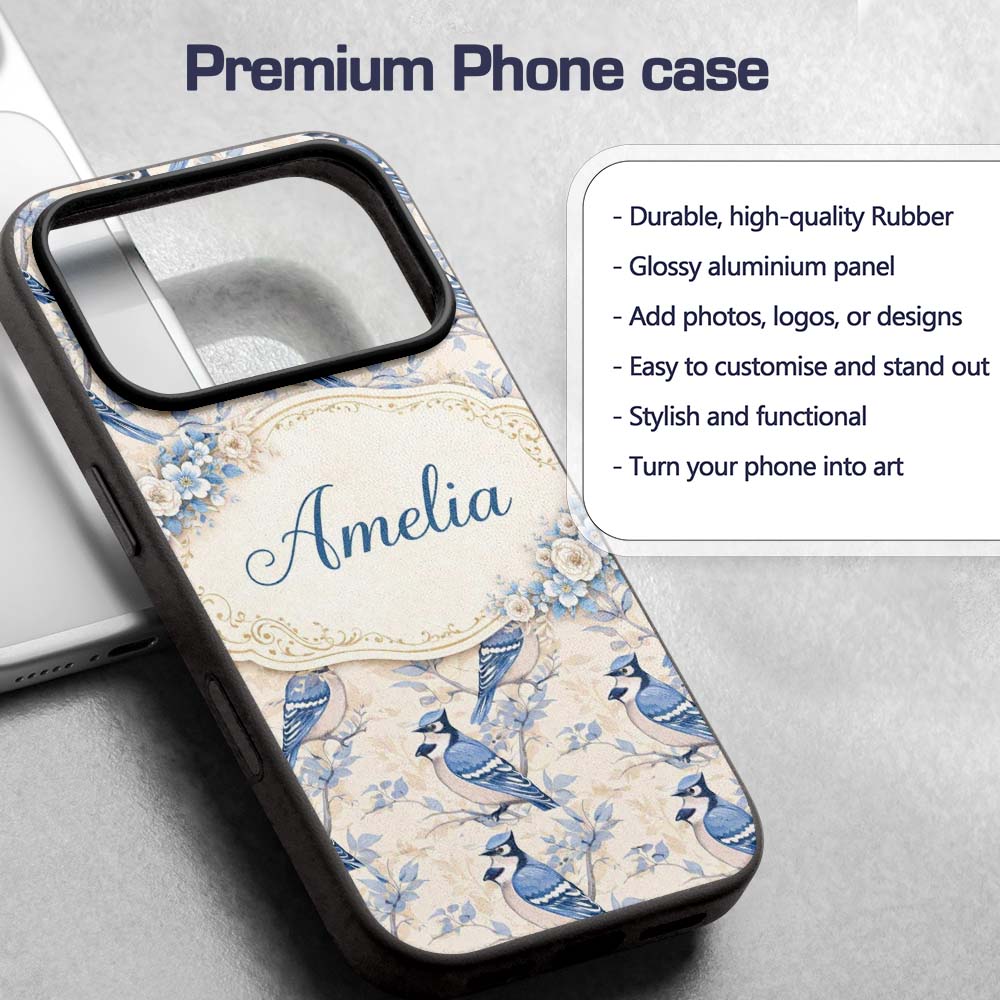 Vintage Blue Jay Bird Floral Toile Printed Design Custom Name Protective Phone Case Mobile Cover Durable Everyday Smartphone Shock Resistant