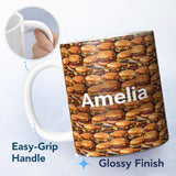 Personalized Custom Name Realistic Burger Stack Seamless Pattern Fast Food Snack Design 11oz Ceramic Coffee Tea Mug White Large Handle