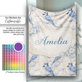 Vintage Blue Jay Bird Floral Toile Classic Botanical Nature Design  Personalised Custom Name Super Soft Fleece Blanket Bed Sofa Throw