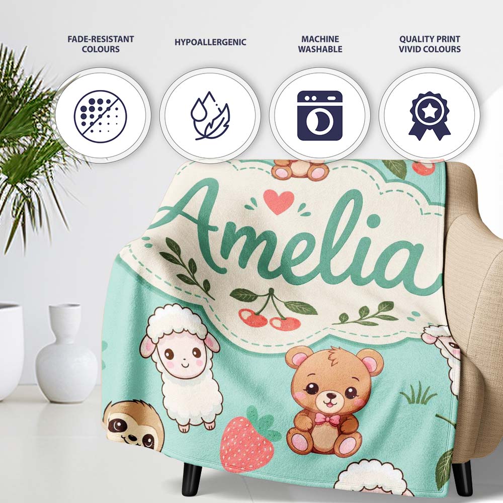 Cute Cute Baby Animals Bear Sheep Sloth Strawberry Cherry Mint  Personalised Custom Name Super Soft Fleece Blanket Bed Sofa Throw