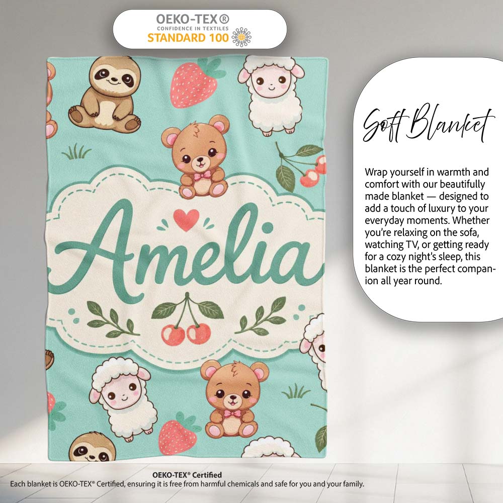 Cute Cute Baby Animals Bear Sheep Sloth Strawberry Cherry Mint  Personalised Custom Name Super Soft Fleece Blanket Bed Sofa Throw