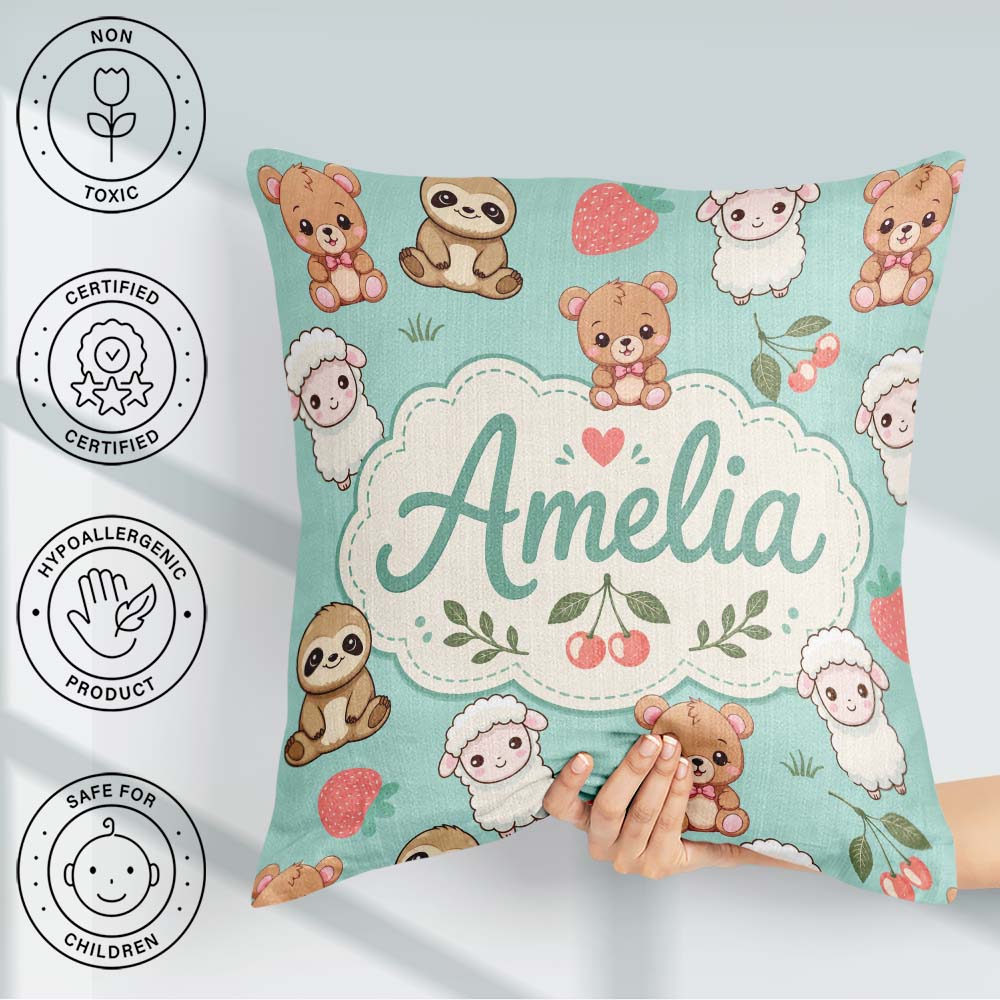 Custom Name Baby Animals Bear Sheep Sloth Strawberry Cherry Mint Square Filled Cushion Throw Pillow Sofa Bed Home Decor Zip Washable UK Made