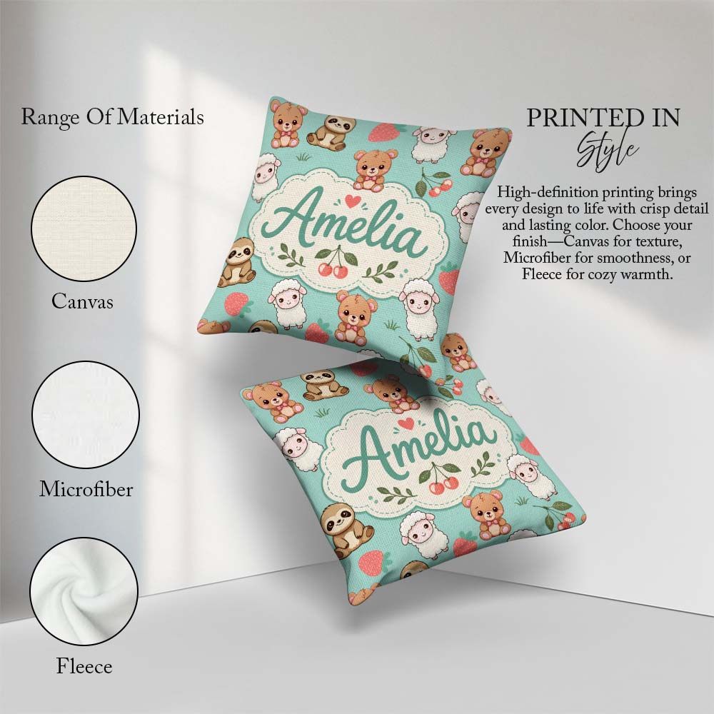 Custom Name Baby Animals Bear Sheep Sloth Strawberry Cherry Mint Square Filled Cushion Throw Pillow Sofa Bed Home Decor Zip Washable UK Made