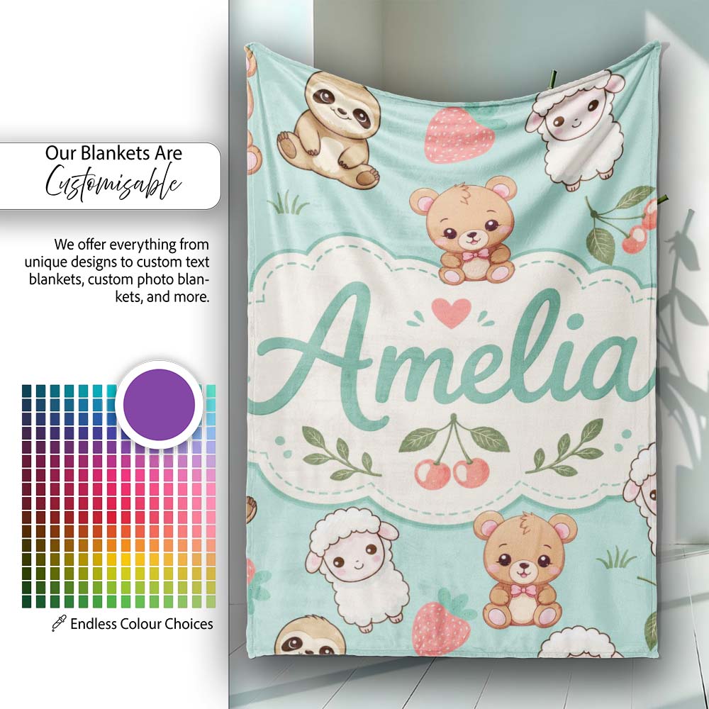 Cute Cute Baby Animals Bear Sheep Sloth Strawberry Cherry Mint  Personalised Custom Name Super Soft Fleece Blanket Bed Sofa Throw