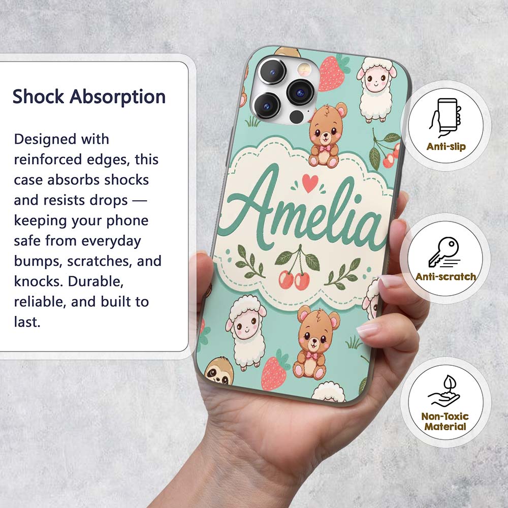 Cute Baby Animals Bear Sheep Sloth Strawberry Custom Name Protective Phone Case Mobile Cover Durable Everyday Smartphone Shock Resistant