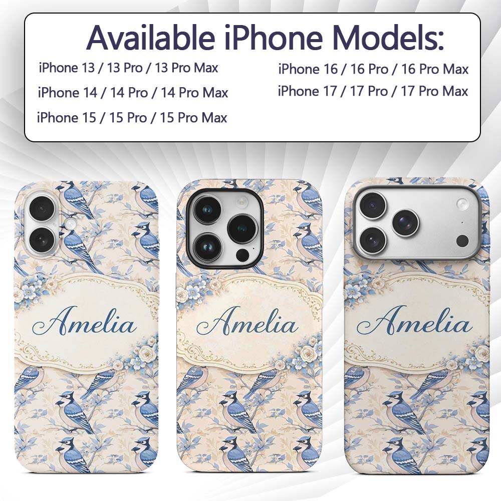 Vintage Blue Jay Bird Floral Toile Printed Design Custom Name Protective Phone Case Mobile Cover Durable Everyday Smartphone Shock Resistant