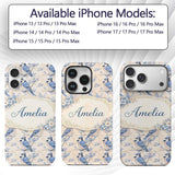 Vintage Blue Jay Bird Floral Toile Printed Design Custom Name Protective Phone Case Mobile Cover Durable Everyday Smartphone Shock Resistant