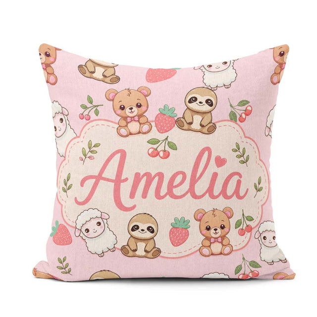Custom Name Baby Animals Bear Sheep Sloth Strawberry Cherry Pink Square Filled Cushion Throw Pillow Sofa Bed Home Decor Zip Washable UK Made