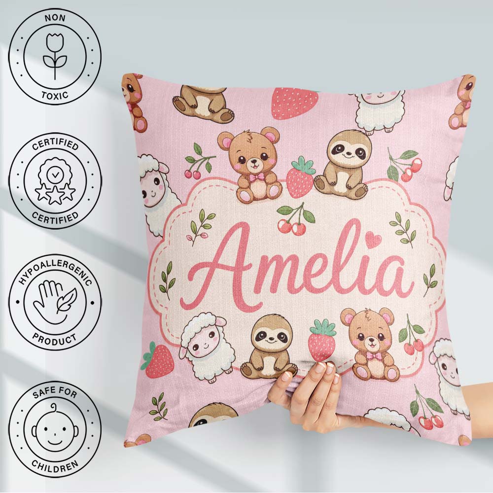 Custom Name Baby Animals Bear Sheep Sloth Strawberry Cherry Pink Square Filled Cushion Throw Pillow Sofa Bed Home Decor Zip Washable UK Made