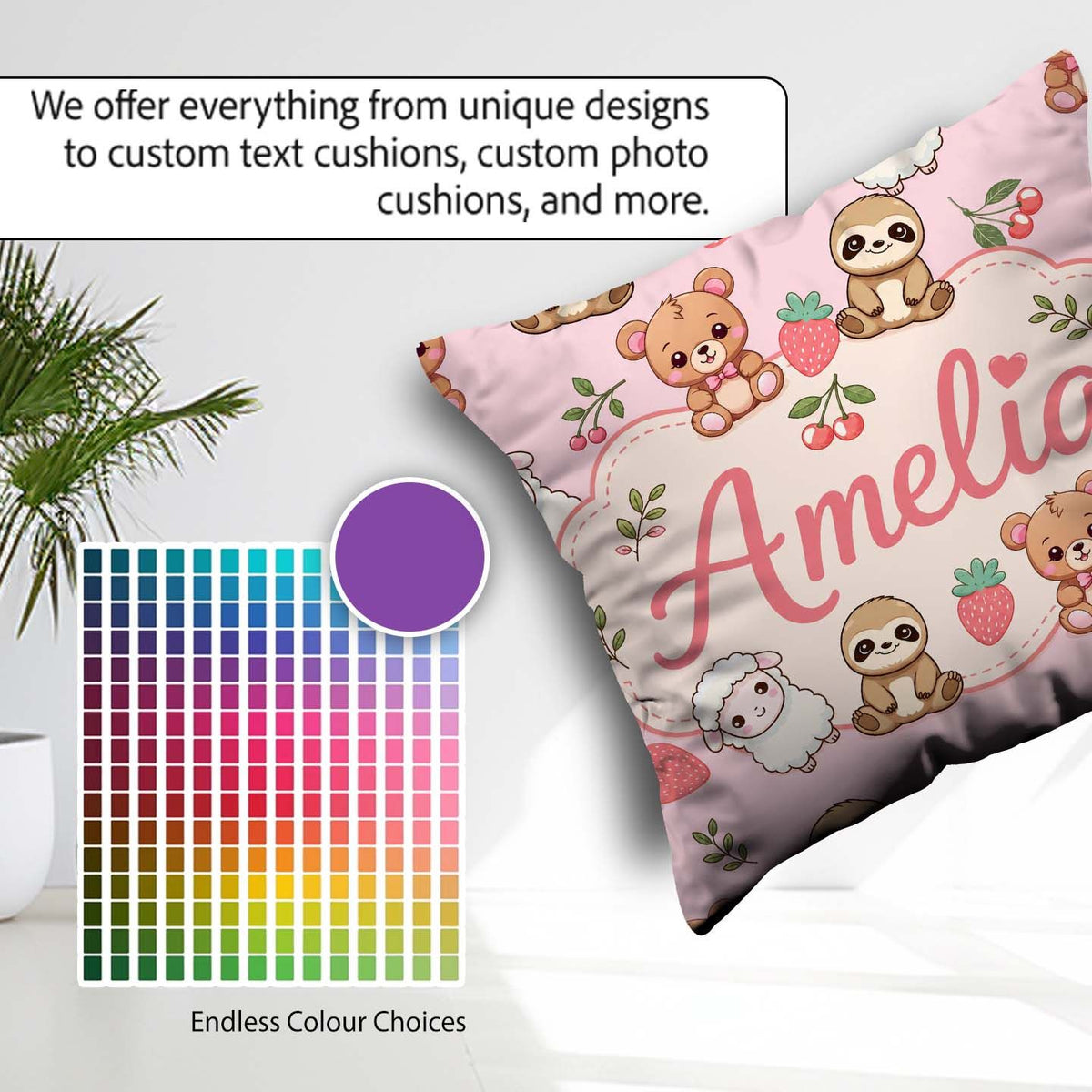 Custom Name Baby Animals Bear Sheep Sloth Strawberry Cherry Pink Square Filled Cushion Throw Pillow Sofa Bed Home Decor Zip Washable UK Made