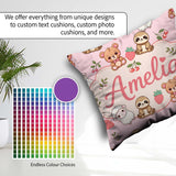 Custom Name Baby Animals Bear Sheep Sloth Strawberry Cherry Pink Square Filled Cushion Throw Pillow Sofa Bed Home Decor Zip Washable UK Made