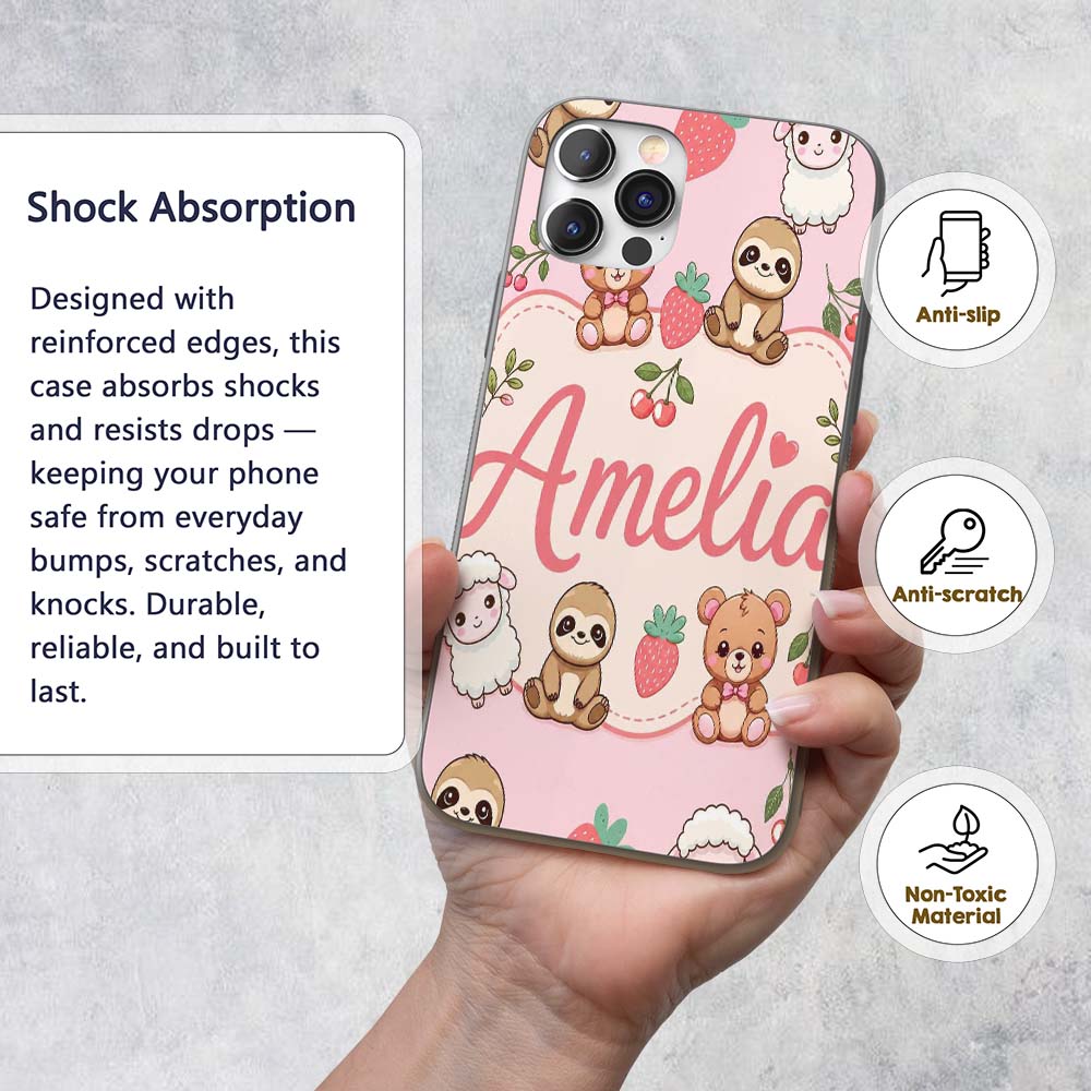 Cute Baby Animals Bear Sheep Sloth Strawberry Custom Name Protective Phone Case Mobile Cover Durable Everyday Smartphone Shock Resistant