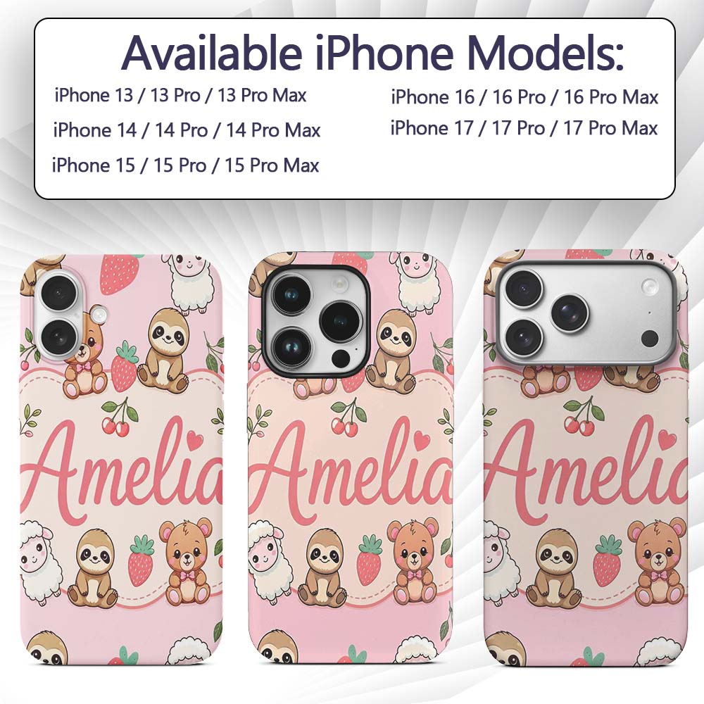 Cute Baby Animals Bear Sheep Sloth Strawberry Custom Name Protective Phone Case Mobile Cover Durable Everyday Smartphone Shock Resistant