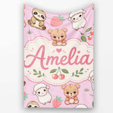 Cute Baby Animals Bear Sheep Sloth Strawberry Cherry Pink Background  Personalised Custom Name Super Soft Fleece Blanket Bed Sofa Throw