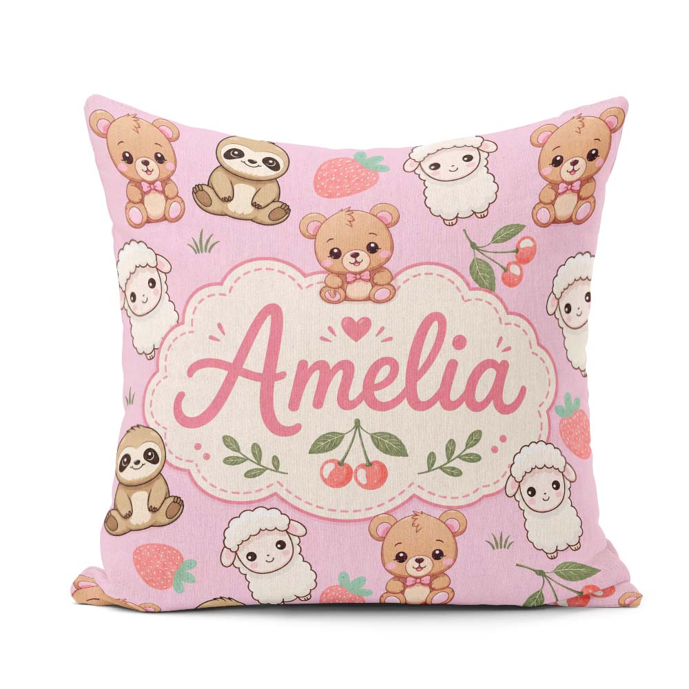 Custom Name Baby Animals Bear Sheep Sloth Strawberry Cherry Pink Square Filled Cushion Throw Pillow Sofa Bed Home Decor Zip Washable UK Made