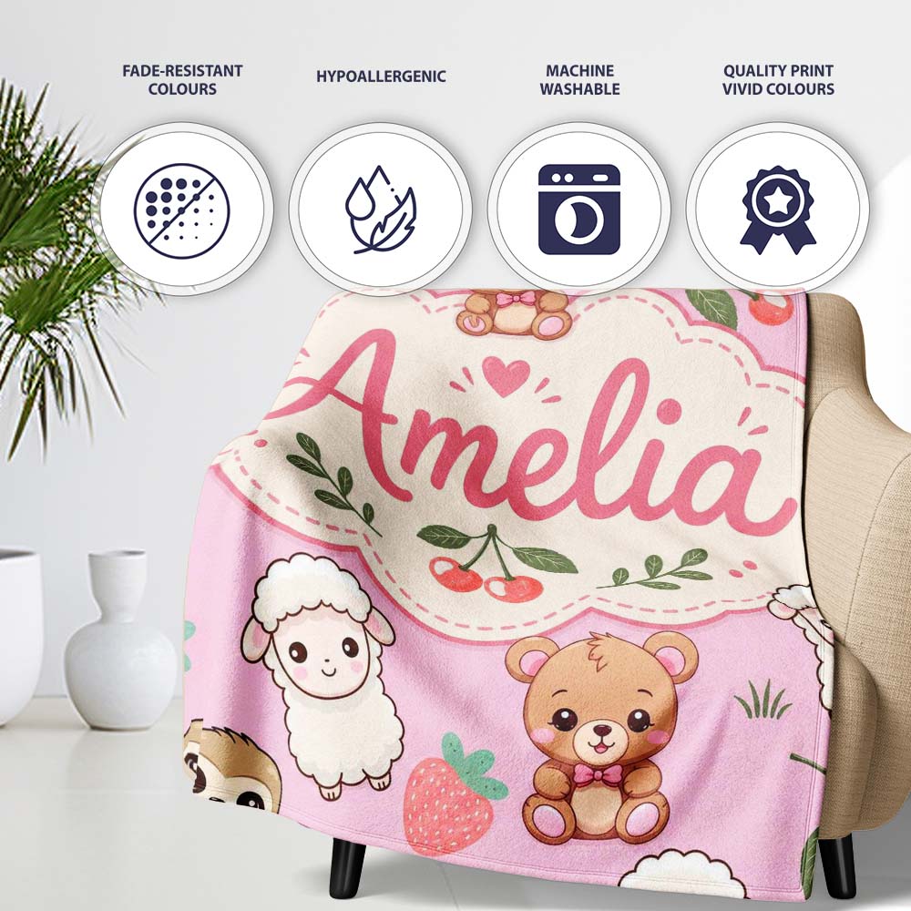 Cute Baby Animals Bear Sheep Sloth Strawberry Cherry Pink Background  Personalised Custom Name Super Soft Fleece Blanket Bed Sofa Throw