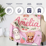 Cute Baby Animals Bear Sheep Sloth Strawberry Cherry Pink Background  Personalised Custom Name Super Soft Fleece Blanket Bed Sofa Throw