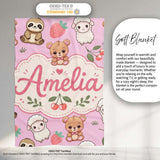 Cute Baby Animals Bear Sheep Sloth Strawberry Cherry Pink Background  Personalised Custom Name Super Soft Fleece Blanket Bed Sofa Throw