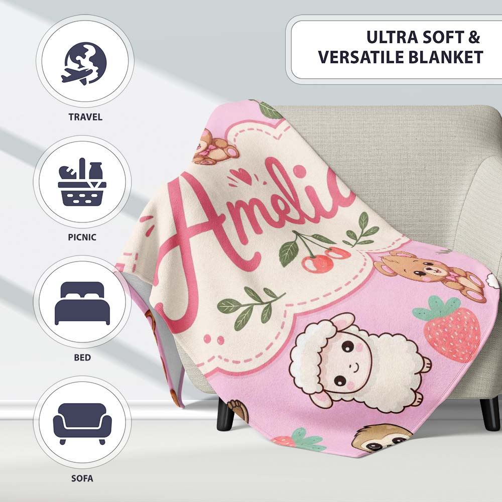 Cute Baby Animals Bear Sheep Sloth Strawberry Cherry Pink Background  Personalised Custom Name Super Soft Fleece Blanket Bed Sofa Throw