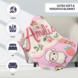 Cute Baby Animals Bear Sheep Sloth Strawberry Cherry Pink Background  Personalised Custom Name Super Soft Fleece Blanket Bed Sofa Throw