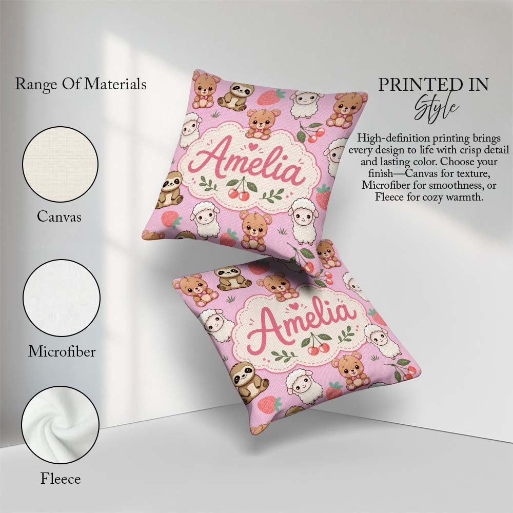 Custom Name Baby Animals Bear Sheep Sloth Strawberry Cherry Pink Square Filled Cushion Throw Pillow Sofa Bed Home Decor Zip Washable UK Made