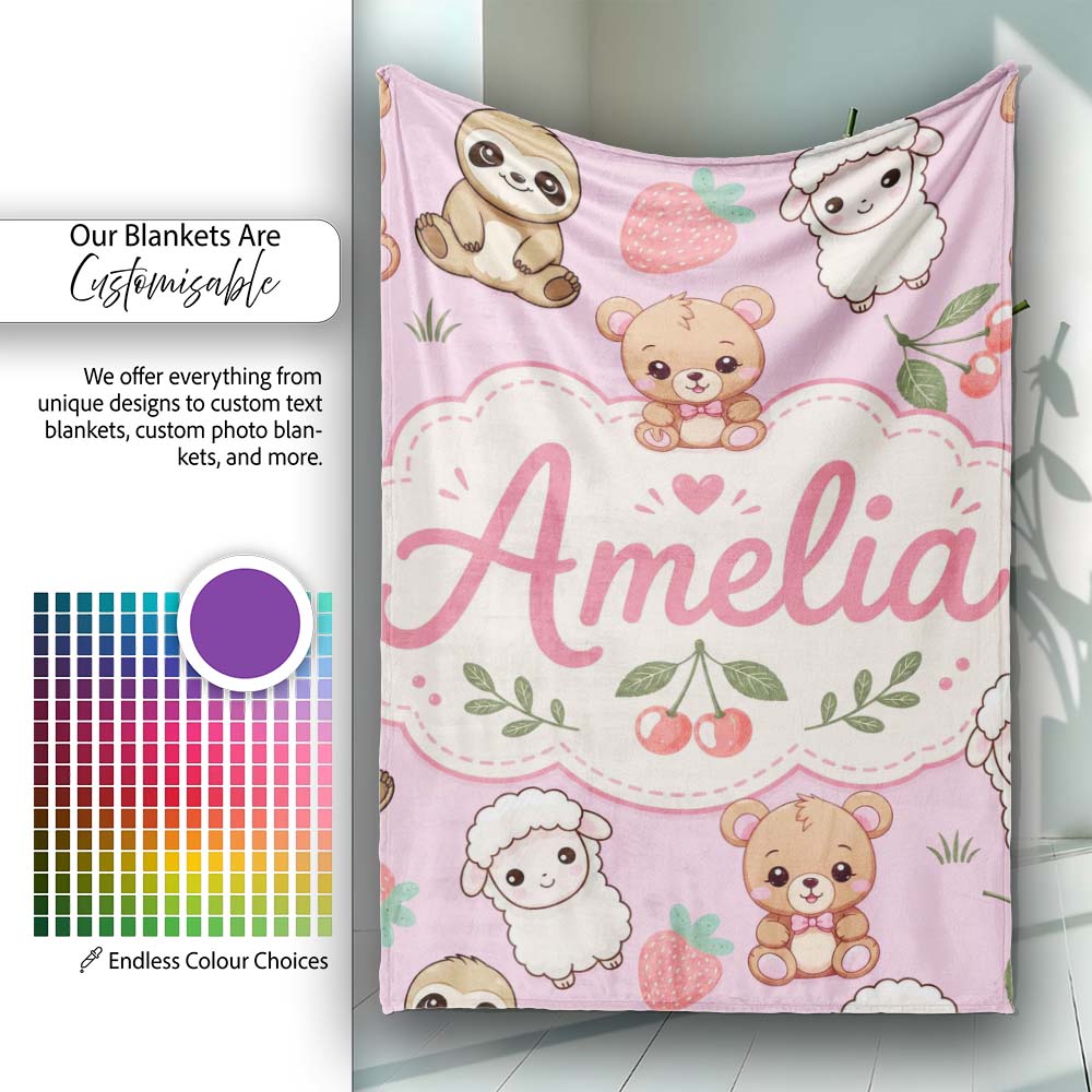 Cute Baby Animals Bear Sheep Sloth Strawberry Cherry Pink Background  Personalised Custom Name Super Soft Fleece Blanket Bed Sofa Throw