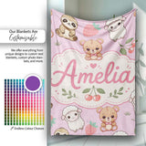 Cute Baby Animals Bear Sheep Sloth Strawberry Cherry Pink Background  Personalised Custom Name Super Soft Fleece Blanket Bed Sofa Throw