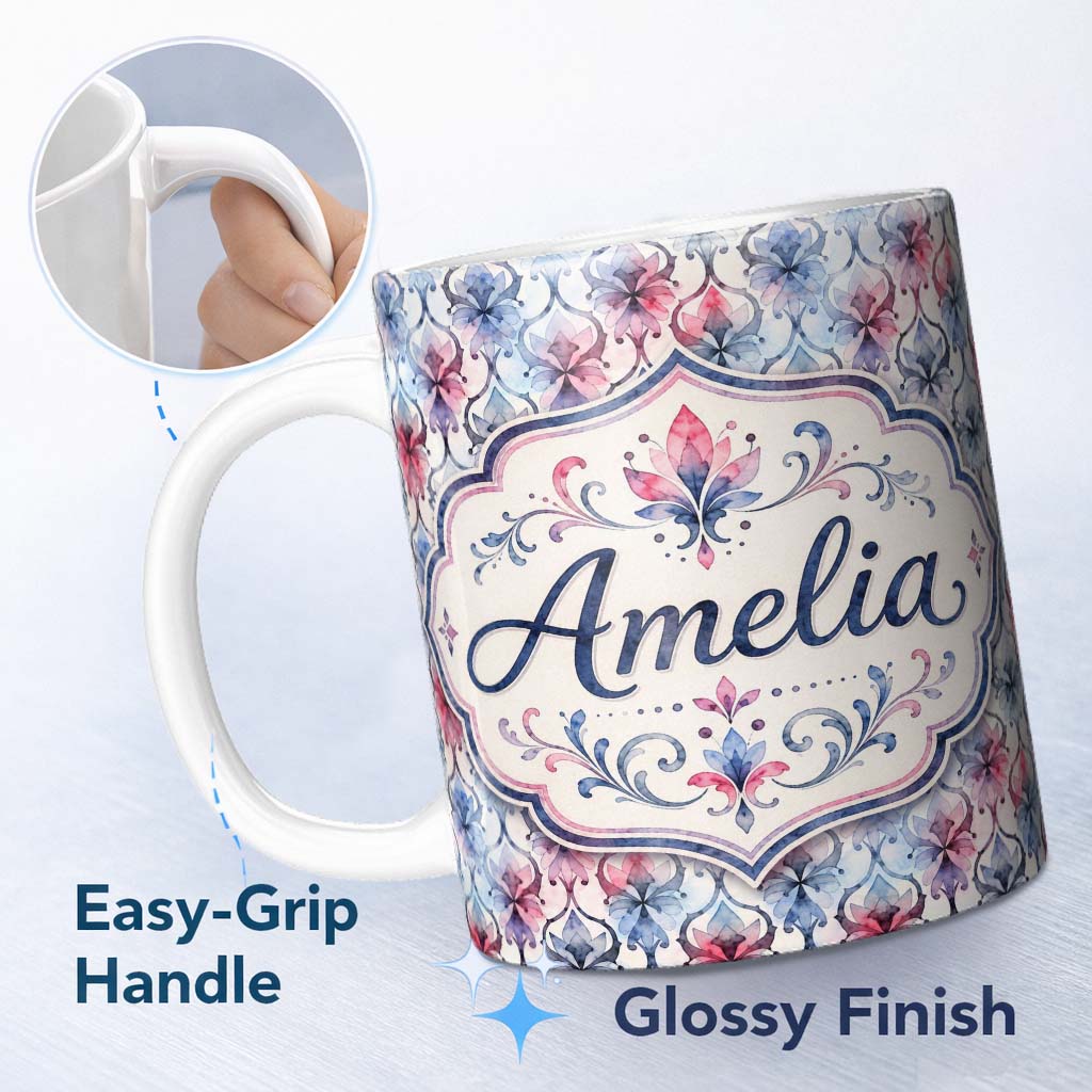 Personalized Custom Name Watercolor Floral Damask Soft Blue and Red Seamless Pattern Lovely 11oz Ceramic Coffee Tea Mug White Large Handle