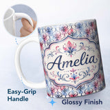 Personalized Custom Name Watercolor Floral Damask Soft Blue and Red Seamless Pattern Lovely 11oz Ceramic Coffee Tea Mug White Large Handle