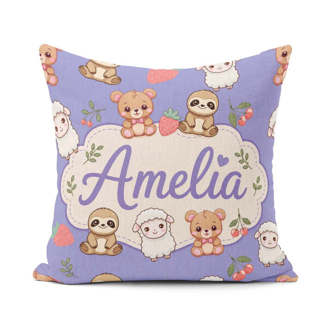 Custom Name Cute Baby Animals Bear Sheep Sloth Strawberry Cherry Square Filled Cushion Throw Pillow Sofa Bed Home Decor Zip Washable UK Made