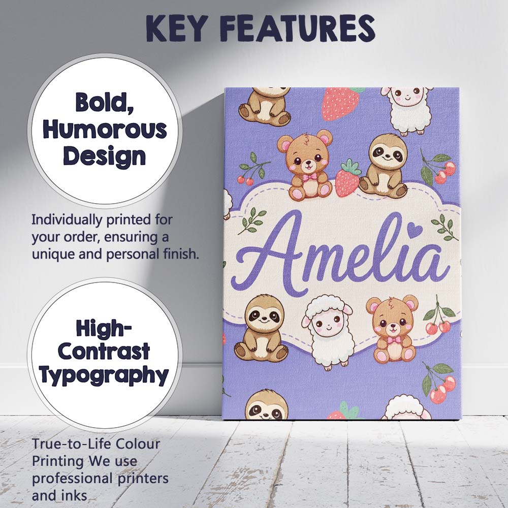 Personalised Name Cute Baby Animals Bear Custom  Unique Gift Idea Elegant Feature Canvas Wall Art Print Decor Picture Ready to Hang