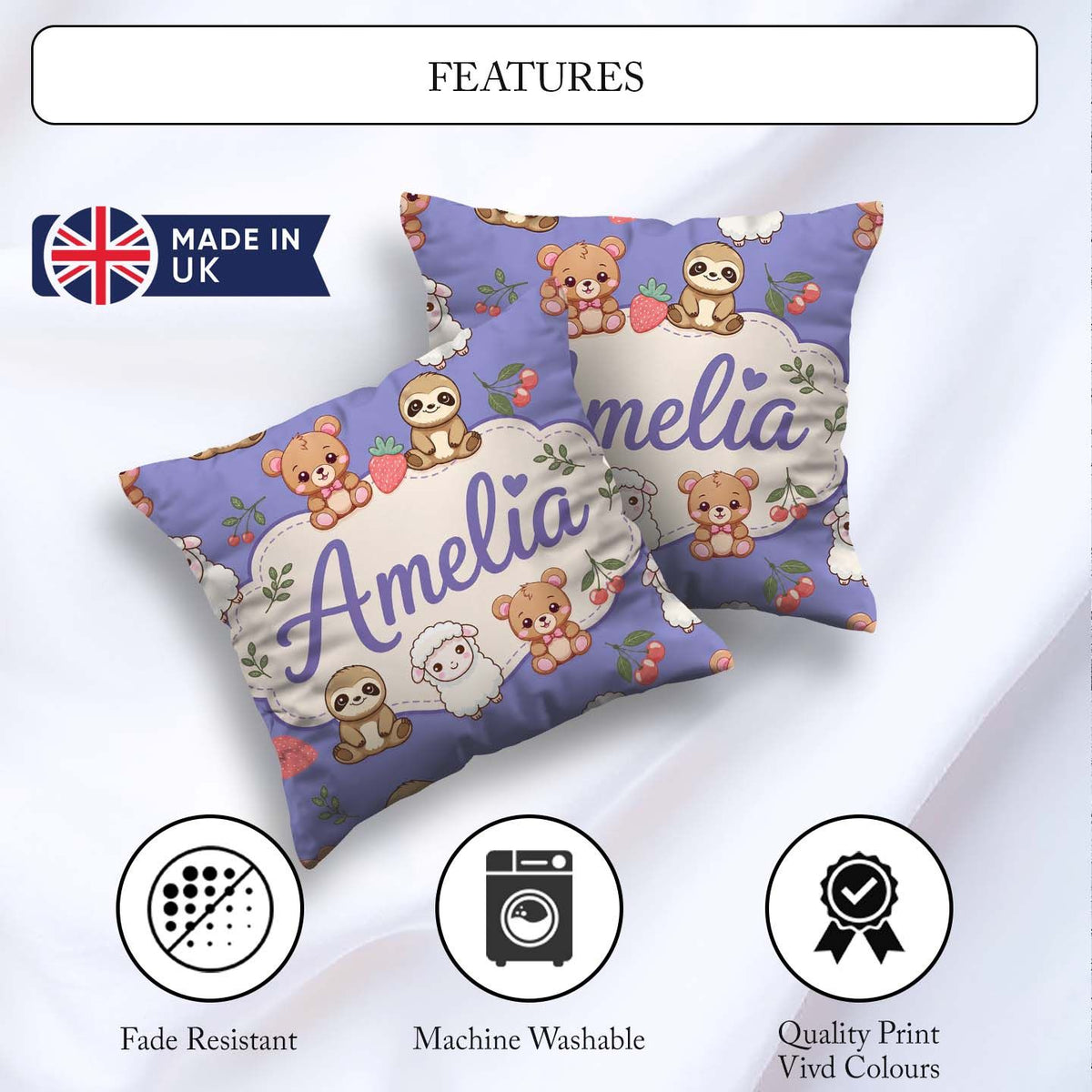 Custom Name Cute Baby Animals Bear Sheep Sloth Strawberry Cherry Square Filled Cushion Throw Pillow Sofa Bed Home Decor Zip Washable UK Made