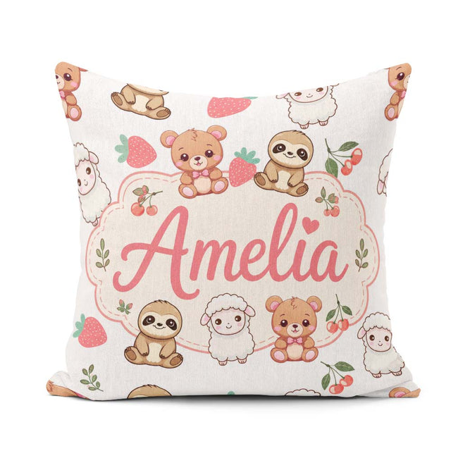 Custom Name Cute Baby Animals Bear Sheep Sloth Cherry Light Grey Square Filled Cushion Throw Pillow Sofa Bed Home Decor Zip Washable UK Made