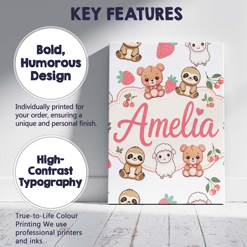 Personalised Name Cute Baby Animals Bear Custom  Unique Gift Idea Elegant Feature Canvas Wall Art Print Decor Picture Ready to Hang