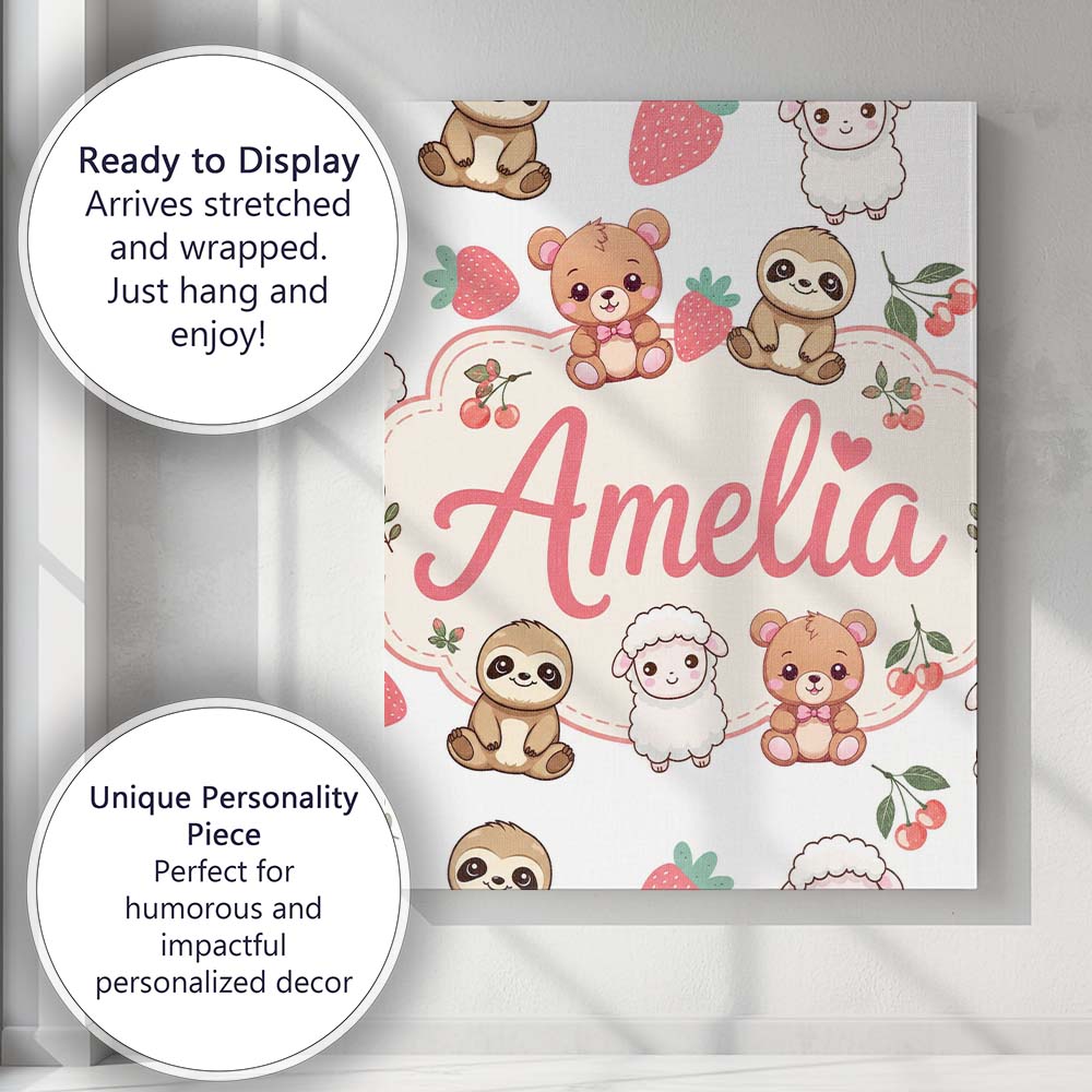 Personalised Name Cute Baby Animals Bear Custom  Unique Gift Idea Elegant Feature Canvas Wall Art Print Decor Picture Ready to Hang