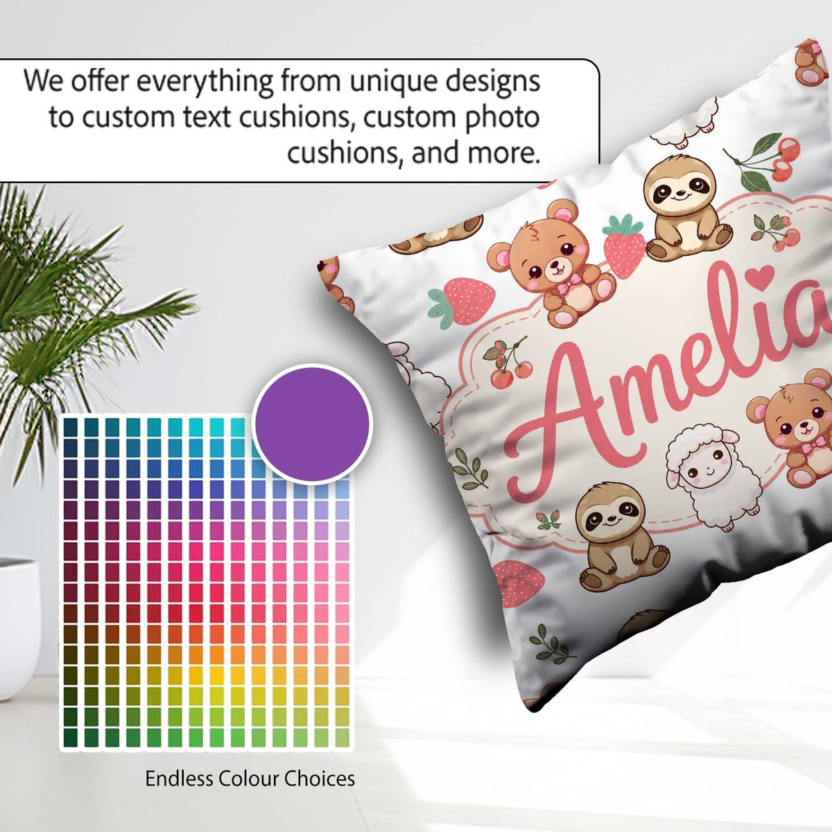 Custom Name Cute Baby Animals Bear Sheep Sloth Cherry Light Grey Square Filled Cushion Throw Pillow Sofa Bed Home Decor Zip Washable UK Made