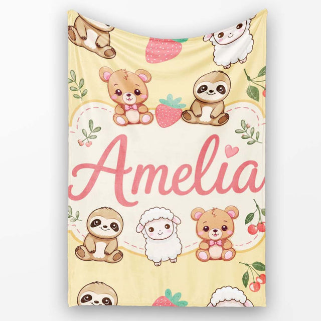 Cute Baby Animals Bear Sheep Sloth Strawberry Cherry Yellow Lovely  Personalised Custom Name Super Soft Fleece Blanket Bed Sofa Throw