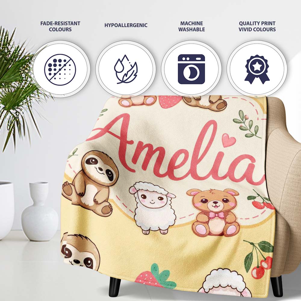 Cute Baby Animals Bear Sheep Sloth Strawberry Cherry Yellow Lovely  Personalised Custom Name Super Soft Fleece Blanket Bed Sofa Throw