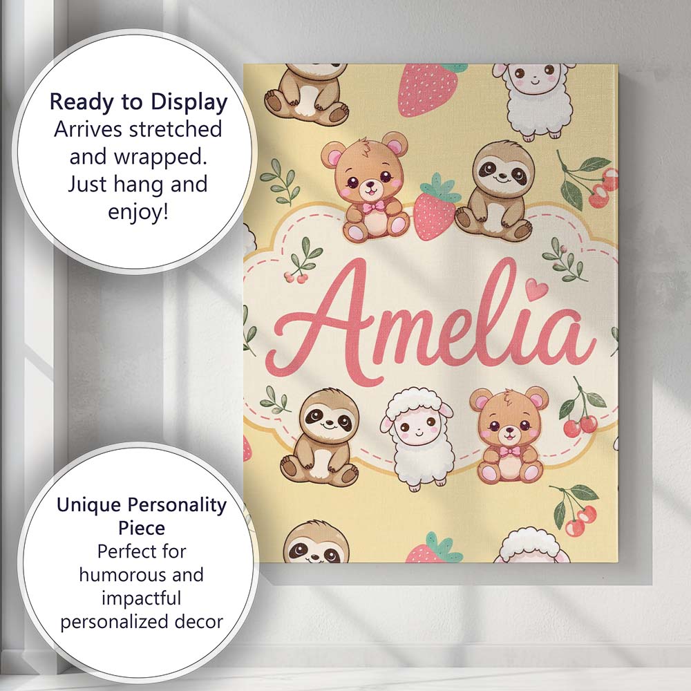Personalised Name Cute Baby Animals Bear Custom  Unique Gift Idea Elegant Feature Canvas Wall Art Print Decor Picture Ready to Hang