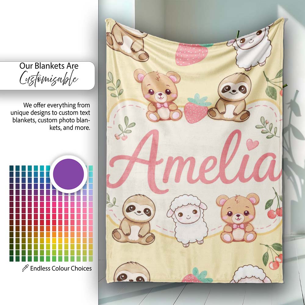Cute Baby Animals Bear Sheep Sloth Strawberry Cherry Yellow Lovely  Personalised Custom Name Super Soft Fleece Blanket Bed Sofa Throw