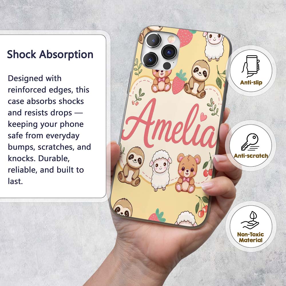 Cute Baby Animals Bear Sheep Sloth Strawberry Custom Name Protective Phone Case Mobile Cover Durable Everyday Smartphone Shock Resistant