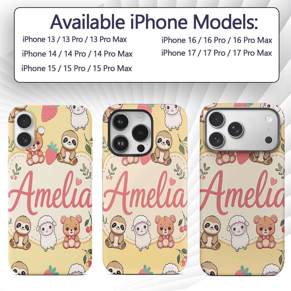 Cute Baby Animals Bear Sheep Sloth Strawberry Custom Name Protective Phone Case Mobile Cover Durable Everyday Smartphone Shock Resistant