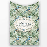 Blue Jay Bird Green Leaf Branch Natural Woodland Botanical Design  Personalised Custom Name Super Soft Fleece Blanket Bed Sofa Throw