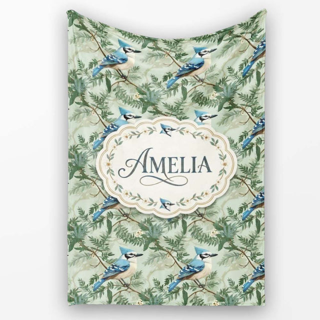 Blue Jay Bird Green Leaf Branch Natural Woodland Botanical Design  Personalised Custom Name Super Soft Fleece Blanket Bed Sofa Throw
