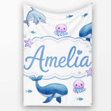 Cute Ocean Animals Dolphin Whale Shark Jellyfish White Background  Personalised Custom Name Super Soft Fleece Blanket Bed Sofa Throw