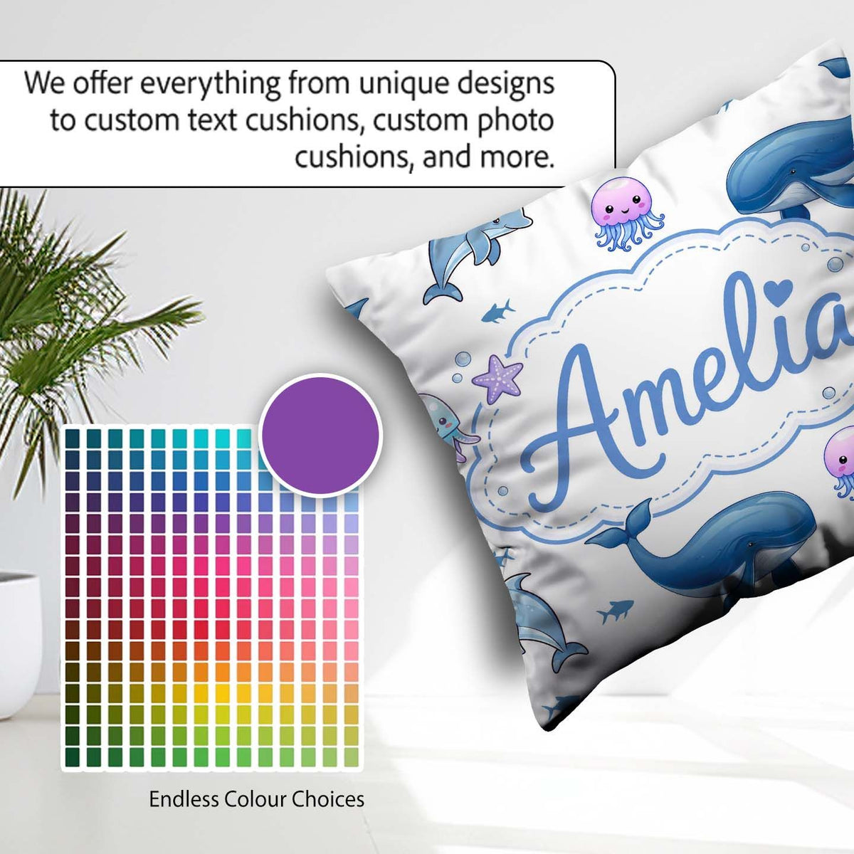 Custom Name Ocean Animals Whale Shark Jellyfish White Background Square Filled Cushion Throw Pillow Sofa Bed Home Decor Zip Washable UK Made