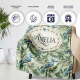 Blue Jay Bird Green Leaf Branch Natural Woodland Botanical Design  Personalised Custom Name Super Soft Fleece Blanket Bed Sofa Throw