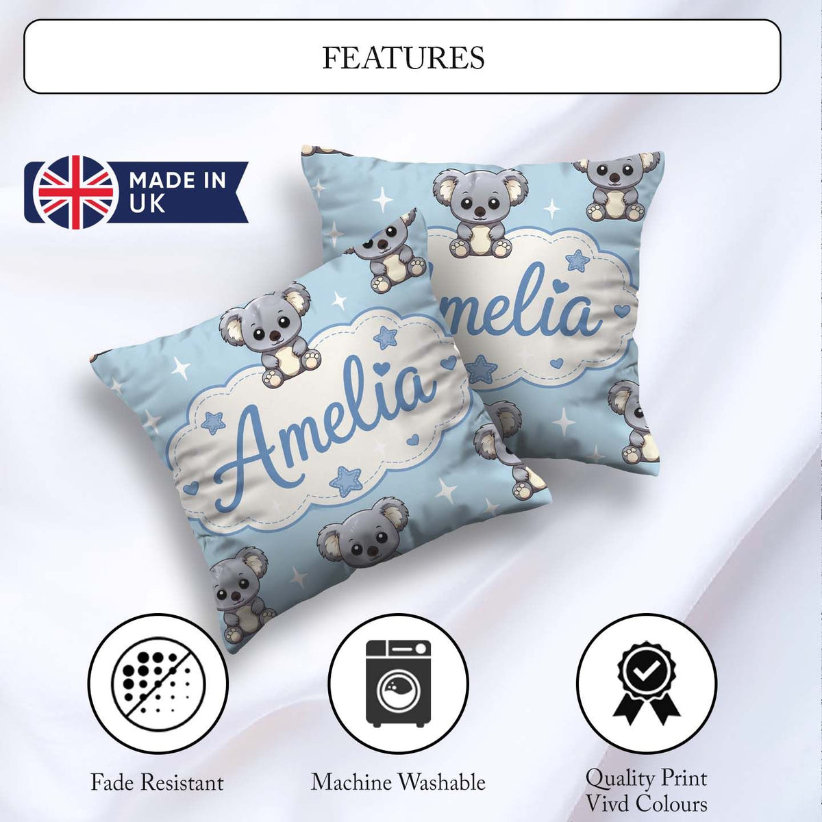 Custom Name Cute Koala Bears with Stars Blue Background Seamless Square Filled Cushion Throw Pillow Sofa Bed Home Decor Zip Washable UK Made
