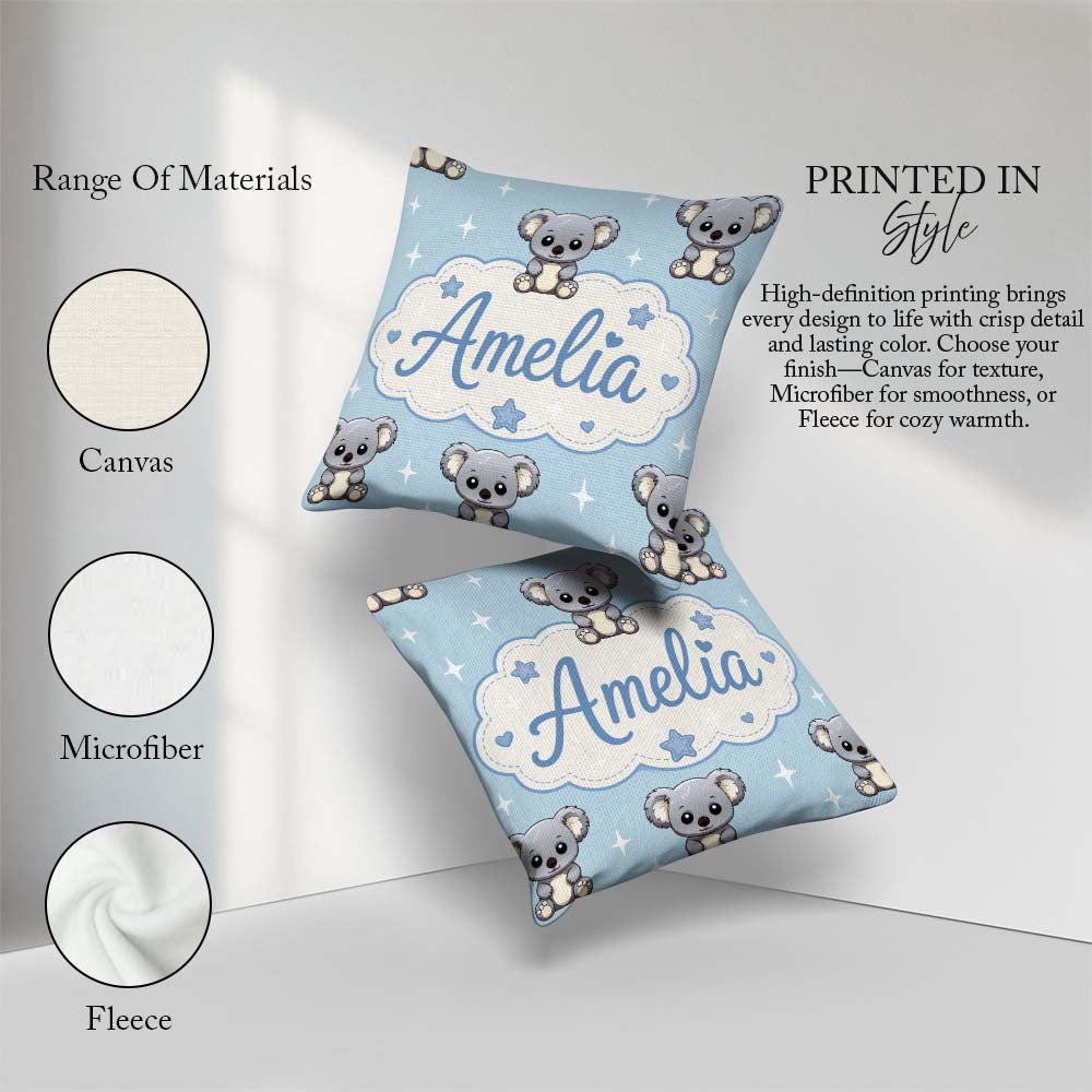 Custom Name Cute Koala Bears with Stars Blue Background Seamless Square Filled Cushion Throw Pillow Sofa Bed Home Decor Zip Washable UK Made