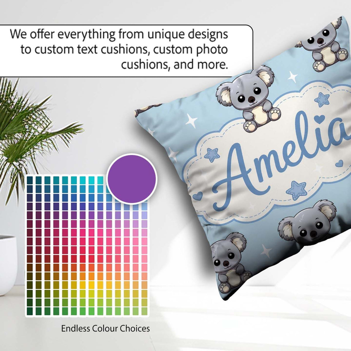 Custom Name Cute Koala Bears with Stars Blue Background Seamless Square Filled Cushion Throw Pillow Sofa Bed Home Decor Zip Washable UK Made